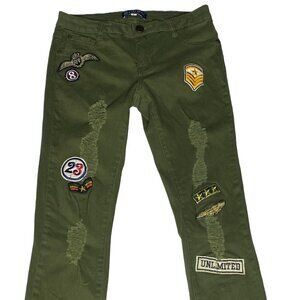 Boom Boom Jeans Olive Green Distressed Patch Jeans – Size 5 – Military Style